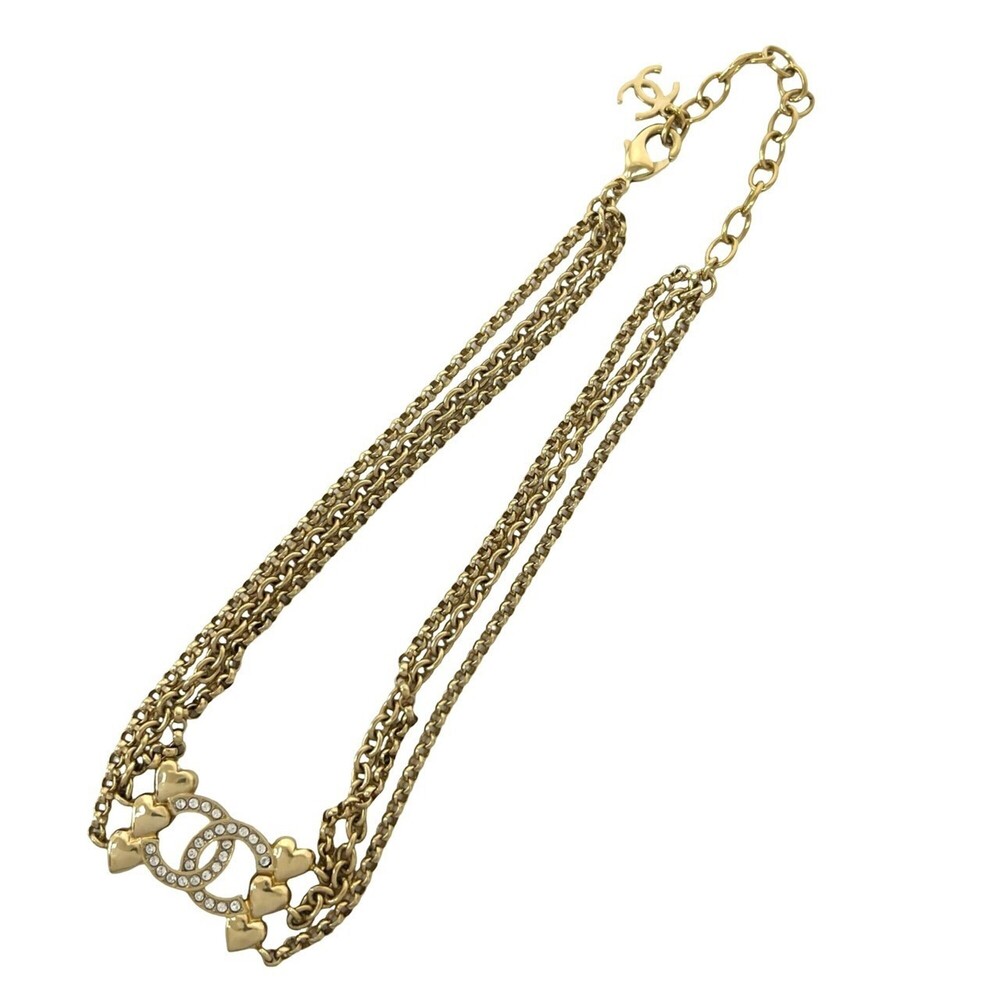 CHANEL Coco Mark Heart Motif GP Rhinestone Necklace Choker Gold 50790